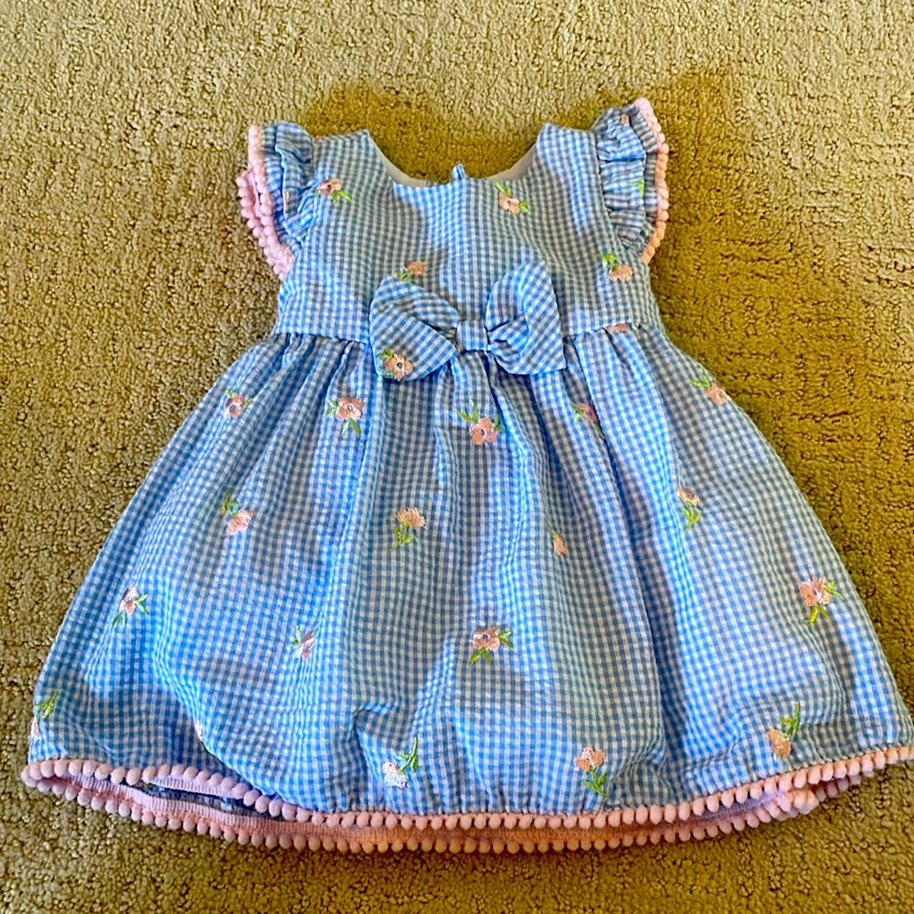 Rare Editions gorgeous blue checked dress with pink flowers. Size 6/9 months.